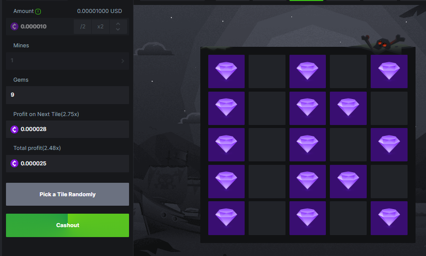 Example game of successfully selecting 15 gems in a game containing 1 mine and indicated 2.48x payout